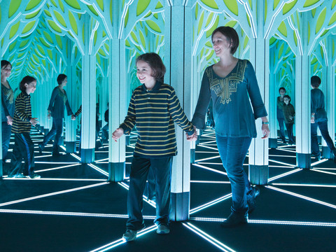A child and parent go through the Numbers in Nature Mirror Maze