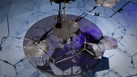 A sculpture of a double helix structure.