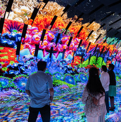 Visitors watch a colorful projection in The Blue Paradox exhibit.